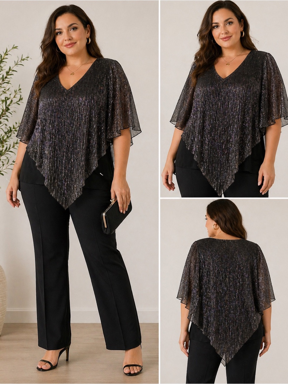 I.N. Studio Black V-Neck Overlay Top with Subtle Sheen